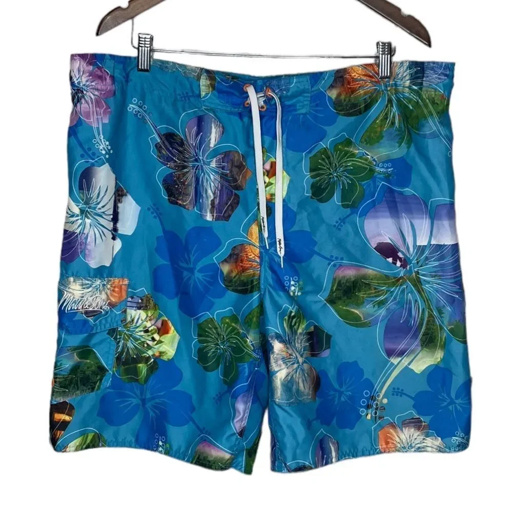 Maui and Sons Blue lined Swimming Trunks size Medium